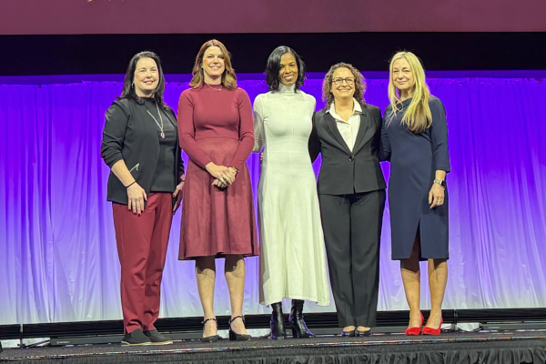 Caption: Women in School Leadership Awards at the 2026 AASA National Conference on Education. Left to right: Tiffany Bartolazzi, Horace Mann; Crystal Turner, superintendent, Saddleback Valley Unified School District (Calif.), Myriam Rogers, superintendent, Baltimore County Public Schools (Md.), Janeen Peretin, assistant to the superintendent, Baldwin-Whitehall School District (Pa.), Mary Decker, associate director of schools for teaching and learning, Franklin Special District (Tenn) 